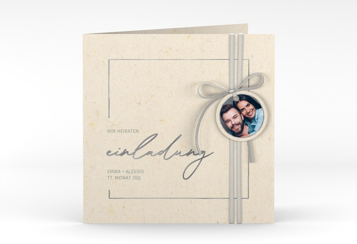 Hochzeitseinladung Simple Line quadr. Klappkarte beige silber
