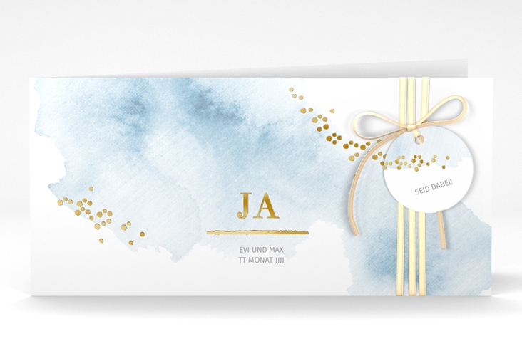 Hochzeitseinladung Pastell lange Klappkarte quer blau gold