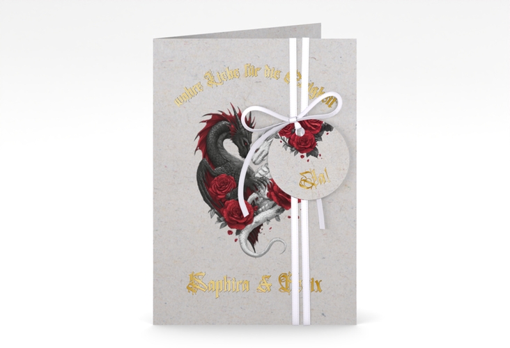 Einladungskarte Hochzeit Drachenliebe A6 Klappkarte hoch grau gold mit schwarzem und weißem Drachen zu einem Herz verschlungen