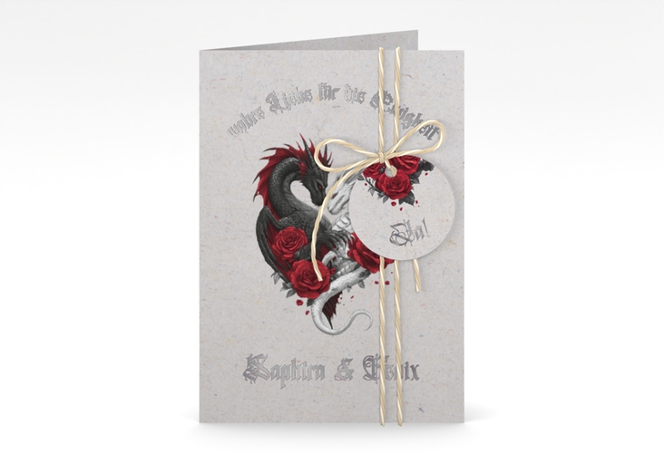 Einladungskarte Hochzeit Drachenliebe A6 Klappkarte hoch grau silber mit schwarzem und weißem Drachen zu einem Herz verschlungen