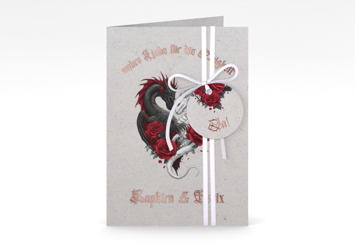 Einladungskarte Hochzeit Drachenliebe A6 Klappkarte hoch grau rosegold mit schwarzem und weißem Drachen zu einem Herz verschlungen