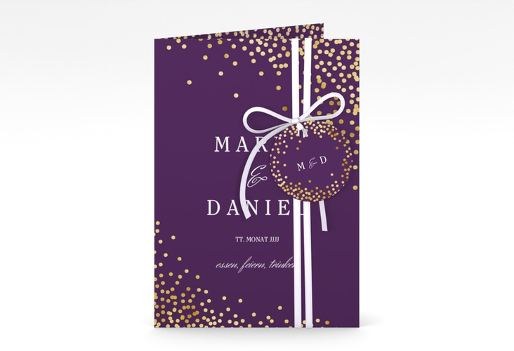 Einladungskarte Hochzeit Glitter A6 Klappkarte hoch lila gold