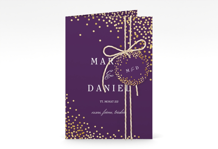 Einladungskarte Hochzeit Glitter A6 Klappkarte hoch lila gold