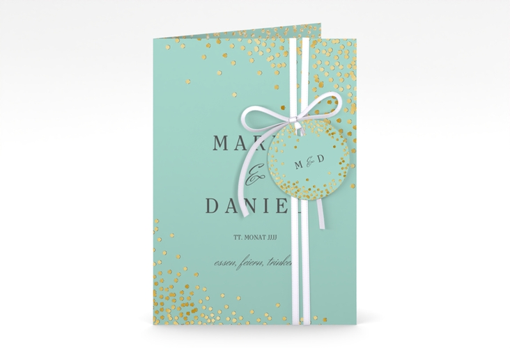 Einladungskarte Hochzeit Glitter A6 Klappkarte hoch mint gold