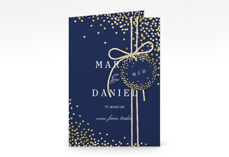 Einladungskarte Hochzeit Glitter A6 Klappkarte hoch blau gold