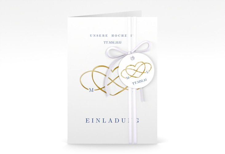 Einladungskarte Hochzeit Infinity A6 Klappkarte hoch blau gold
