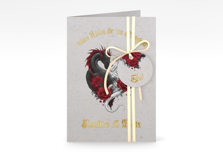 Einladungskarte Hochzeit Drachenliebe A6 Klappkarte hoch grau gold mit schwarzem und weißem Drachen zu einem Herz verschlungen