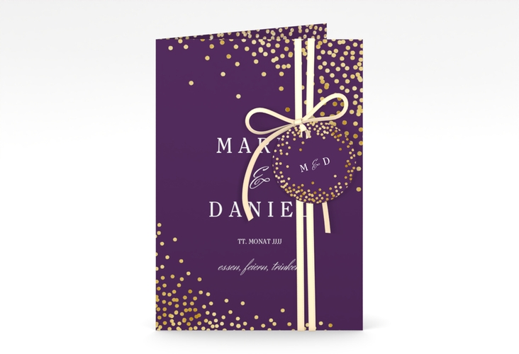 Einladungskarte Hochzeit Glitter A6 Klappkarte hoch lila gold