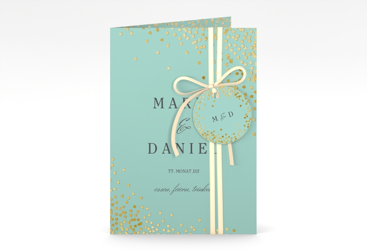 Einladungskarte Hochzeit Glitter A6 Klappkarte hoch mint gold