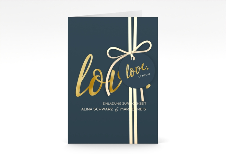 Einladungskarte Hochzeit Glam A6 Klappkarte hoch blau gold