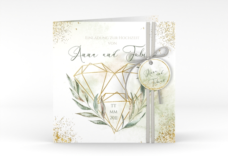 Hochzeitseinladung Heartfelt quadr. Klappkarte weiss gold mit Diamanten im Geometric Design