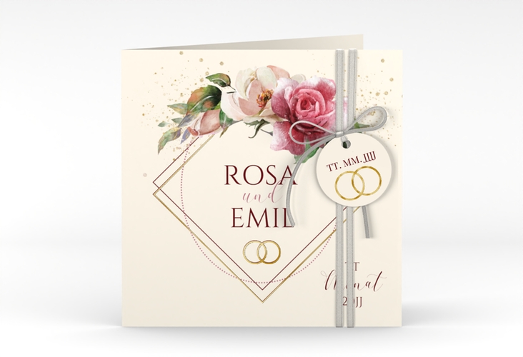 Hochzeitseinladung Rosenbogen quadr. Klappkarte beige gold
