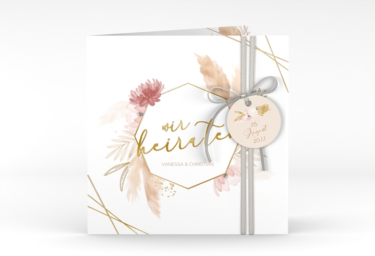 Hochzeitseinladung Bohostyle quadr. Klappkarte beige gold mit Pampasgras in Aquarell