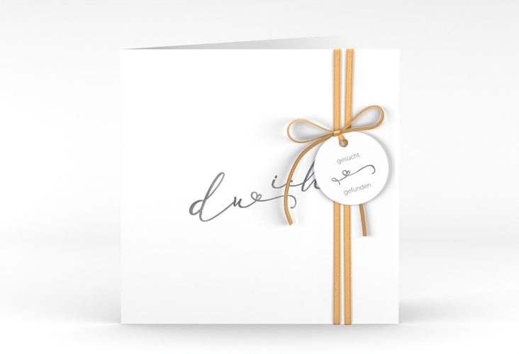 Hochzeitseinladung Zweisamkeit quadr. Klappkarte weiss silber im minimalistischen Stil mit Aufschrift du & ich