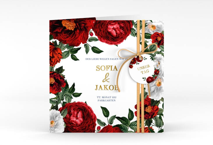 Einladungskarte Hochzeit Florista quadr. Klappkarte weiss gold