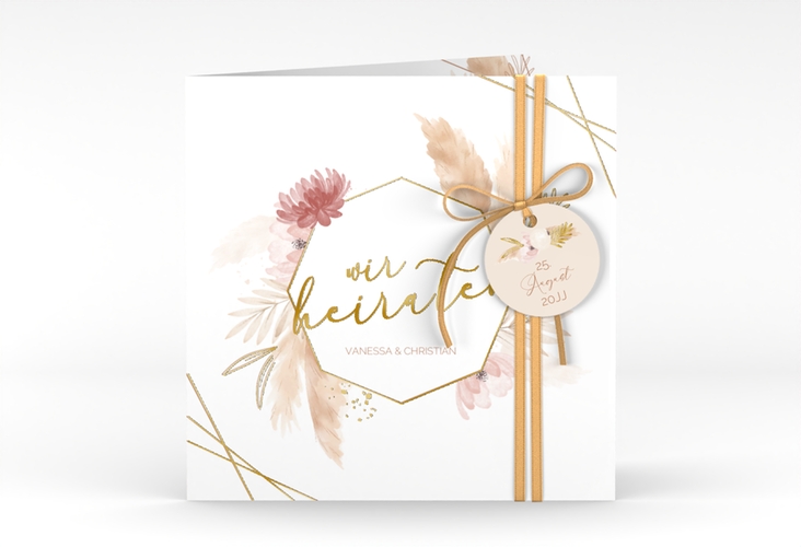 Hochzeitseinladung Bohostyle quadr. Klappkarte beige gold mit Pampasgras in Aquarell