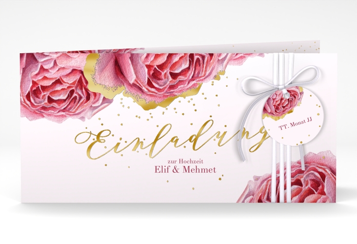Hochzeitseinladung Cherie lange Klappkarte quer rosa gold