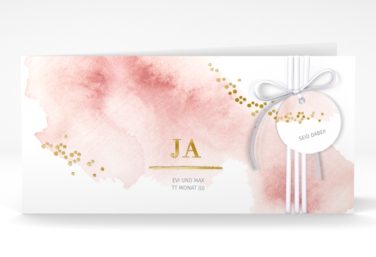 Hochzeitseinladung Pastell lange Klappkarte quer rosa gold