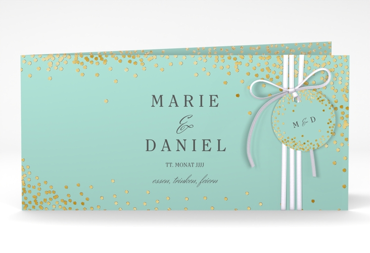 Hochzeitseinladung Glitter lange Klappkarte quer mint gold