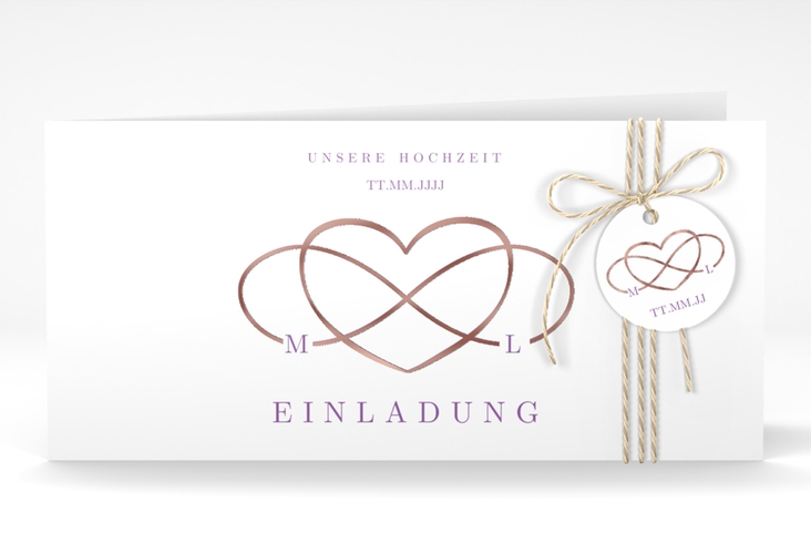 Hochzeitseinladung Infinity lange Klappkarte quer lila rosegold