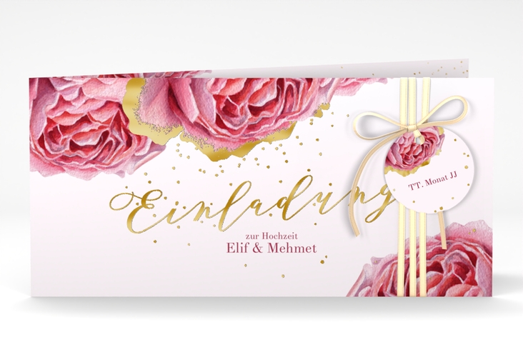 Hochzeitseinladung Cherie lange Klappkarte quer rosa gold