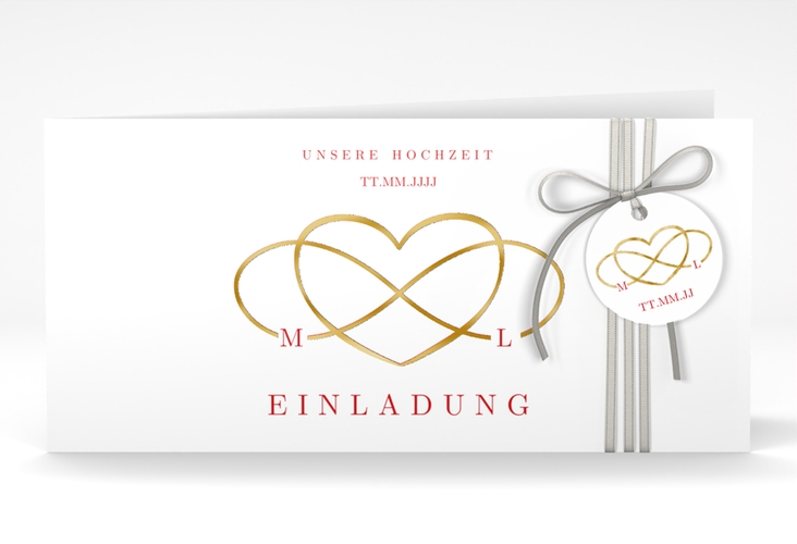 Hochzeitseinladung Infinity lange Klappkarte quer rot gold