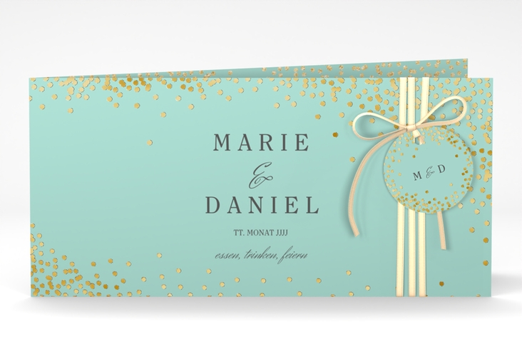 Hochzeitseinladung Glitter lange Klappkarte quer mint gold