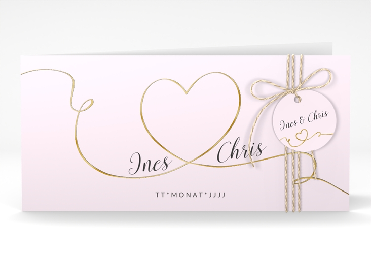 Hochzeitseinladung Dolce lange Klappkarte quer rosa gold