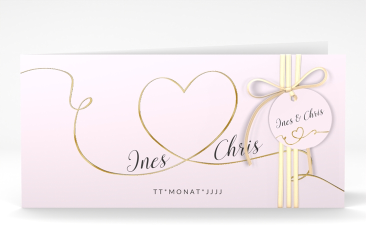 Hochzeitseinladung Dolce lange Klappkarte quer rosa gold