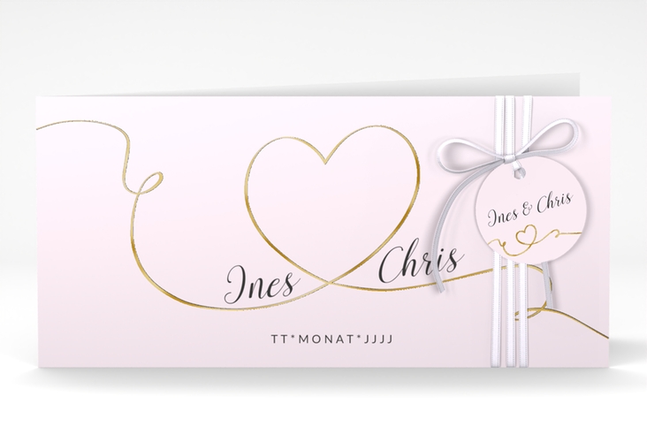 Hochzeitseinladung Dolce lange Klappkarte quer rosa gold