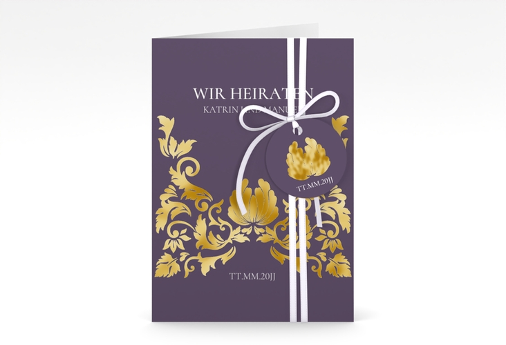 Einladungskarte Hochzeit Royal A6 Klappkarte hoch lila gold mit barockem Blumen-Ornament