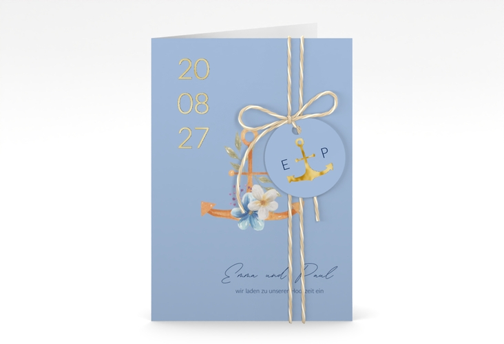 Einladungskarte Hochzeit Anker Floral A6 Klappkarte hoch blau gold