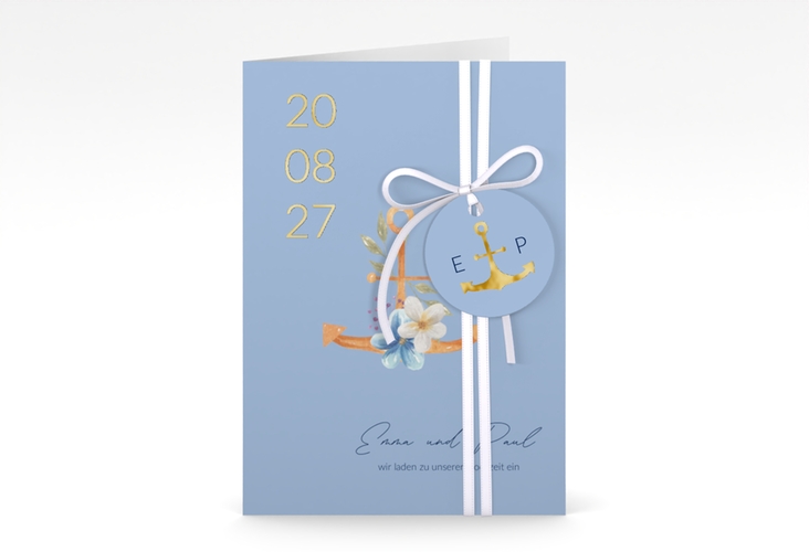 Einladungskarte Hochzeit Anker Floral A6 Klappkarte hoch blau gold