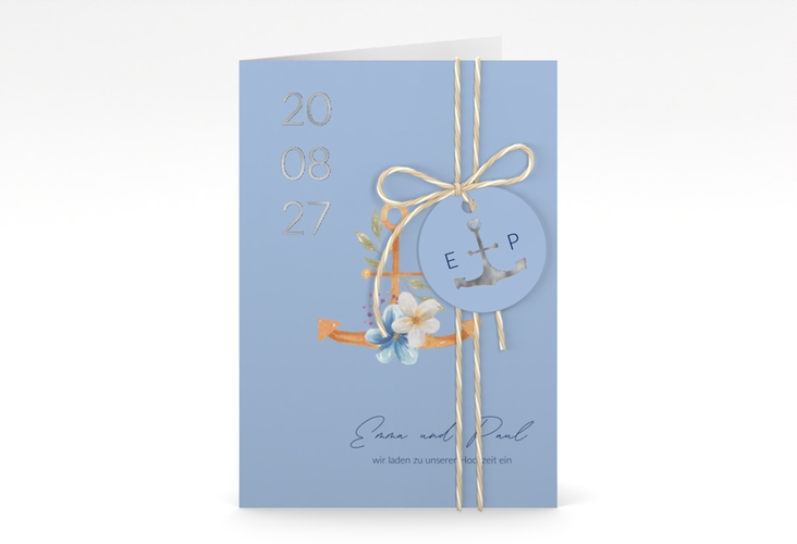 Einladungskarte Hochzeit Anker Floral A6 Klappkarte hoch blau silber