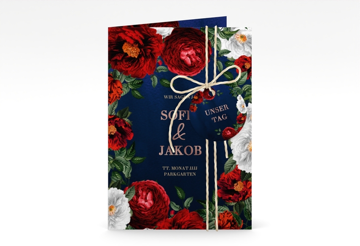 Einladungskarte Hochzeit Florista A6 Klappkarte hoch blau rosegold