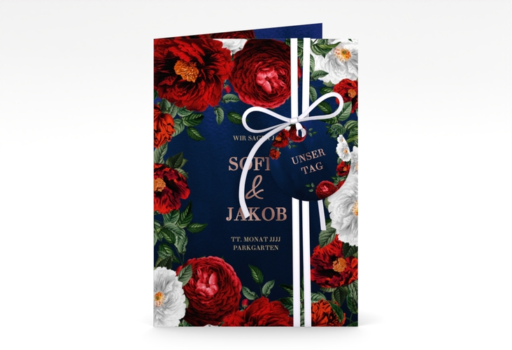 Einladungskarte Hochzeit Florista A6 Klappkarte hoch blau rosegold