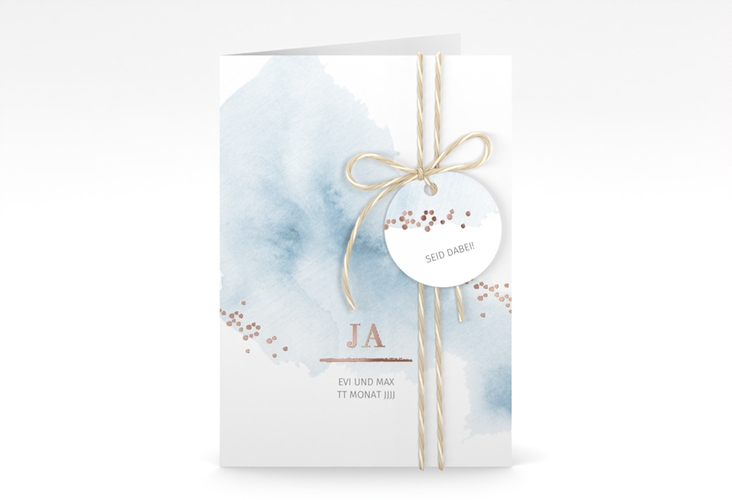 Einladungskarte Hochzeit Pastell A6 Klappkarte hoch blau rosegold