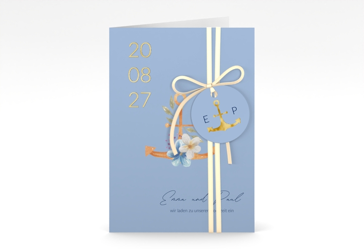 Einladungskarte Hochzeit Anker Floral A6 Klappkarte hoch blau gold