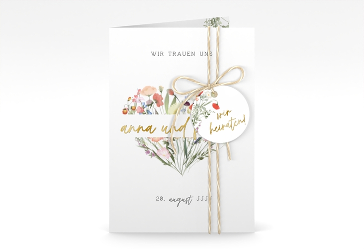 Einladungskarte Hochzeit Wildblumenherz A6 Klappkarte hoch bunt gold