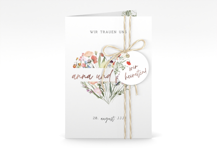 Einladungskarte Hochzeit Wildblumenherz A6 Klappkarte hoch bunt rosegold