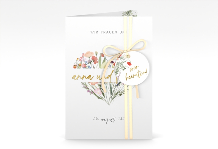 Einladungskarte Hochzeit Wildblumenherz A6 Klappkarte hoch bunt gold