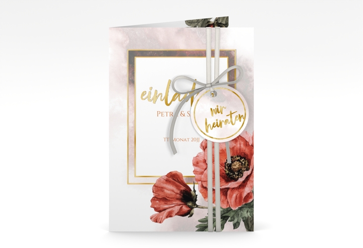 Einladungskarte Hochzeit Sommer A6 Klappkarte hoch rot gold mit Mohnblumen-Aquarell