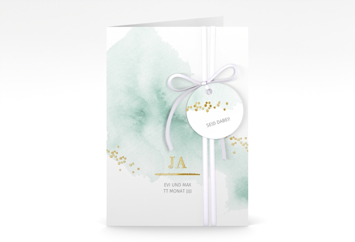 Einladungskarte Hochzeit Pastell A6 Klappkarte hoch mint gold
