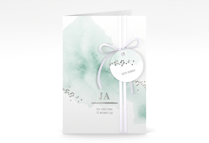 Einladungskarte Hochzeit Pastell A6 Klappkarte hoch mint silber