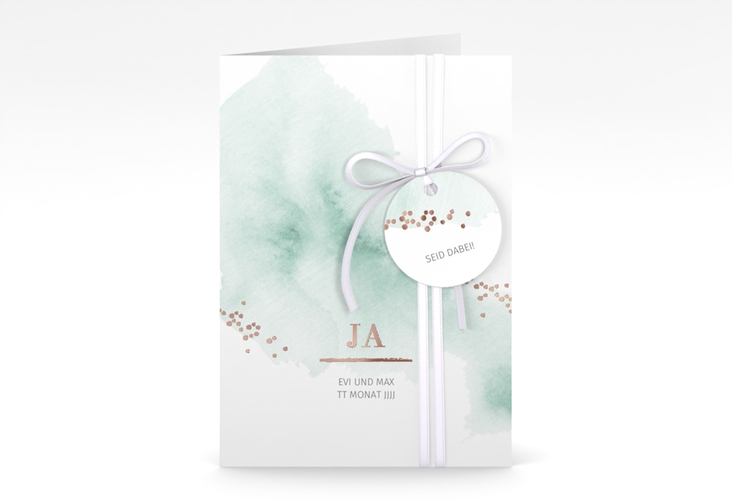 Einladungskarte Hochzeit Pastell A6 Klappkarte hoch mint rosegold
