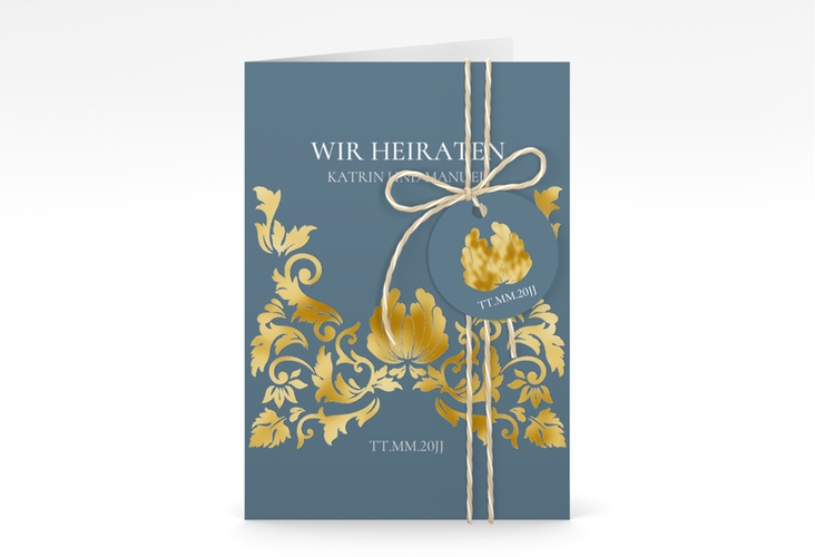 Einladungskarte Hochzeit Royal A6 Klappkarte hoch blau gold mit barockem Blumen-Ornament