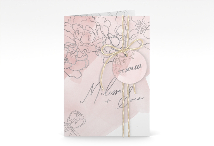 Einladungskarte Hochzeit Pfingstrosen A6 Klappkarte hoch rosa silber