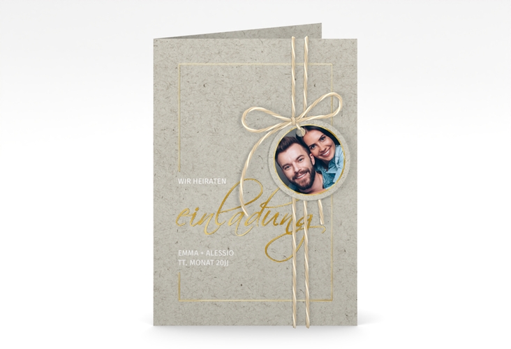 Einladungskarte Hochzeit Simple Line A6 Klappkarte hoch grau gold