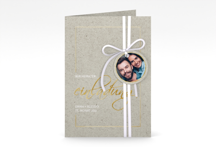 Einladungskarte Hochzeit Simple Line A6 Klappkarte hoch grau gold