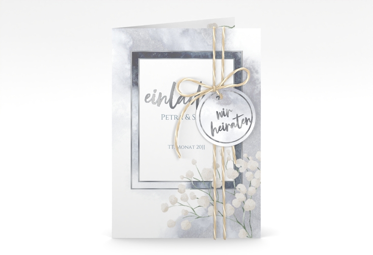 Einladungskarte Hochzeit Winter A6 Klappkarte hoch blau silber mit Schleierkraut